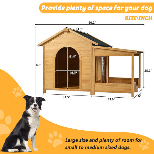 60.2 Large Wooden Dog House With Porch, Cabin Style Dog Crate With Asphalt Roof And Elevated Floor, Dog Kennel With Side Window And Doors, Perfect For Medium & Large Dogs, Nature