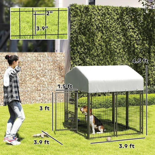 Welded Wire Outdoor Dog Kennel With Rotating & 4 Levels Adjustable Bowls