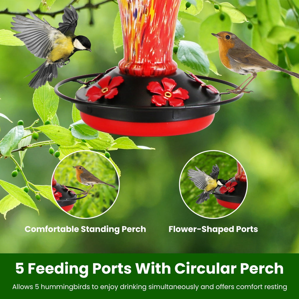 1Pc Glass Hummingbird Feeder 33OZ Hand Blown Hummingbird Feeder With 5 Flower Feeding Port Perch Ant Moat Hanging Hook S Hook Hemp Rope Cleaning Brush For Garden Decor