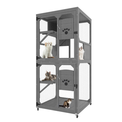 Catio Outdoor Cat Enclosure Window Access, 4 Tiers Cat House With Wheels, Resting Box & Waterproof Roof, Indoor Large Cat House Cage, Gray