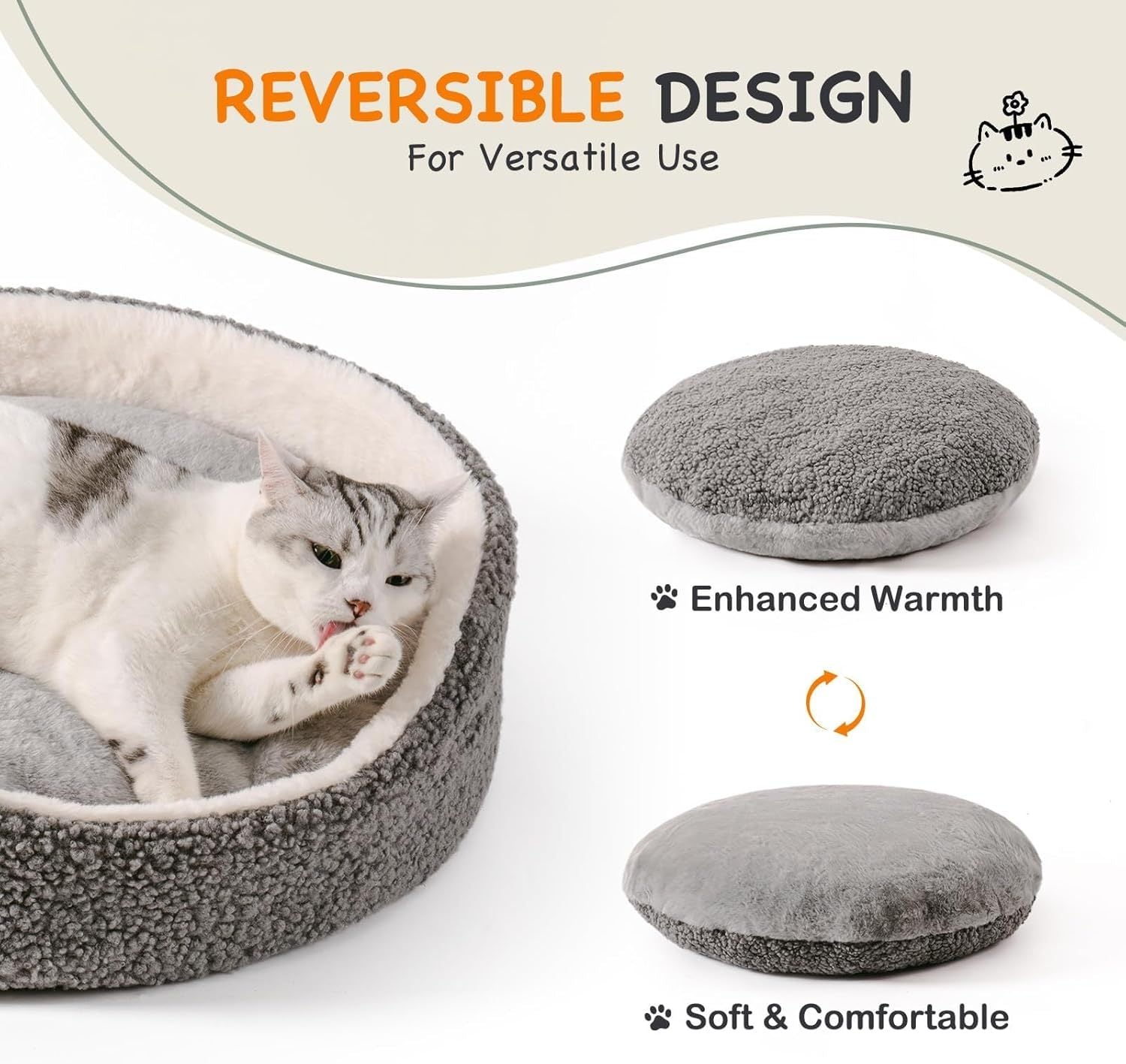 Washable Pet Bed For Small Dogs & Cats - 23x23x7 Inch Orthopaedic Dog Bed With Non-Slip Bottom, Plush Round Bed For Puppies & Indoor Kittens, Grey