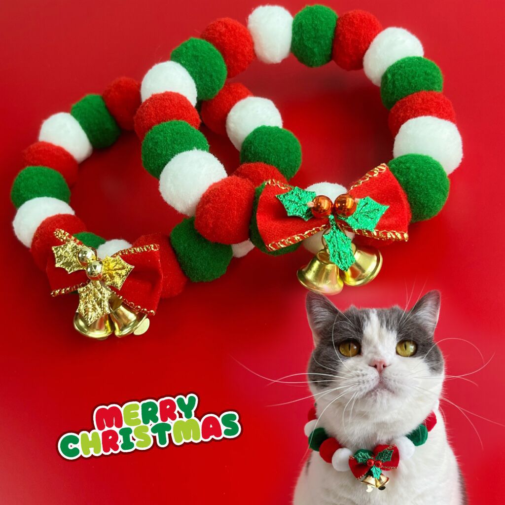 Christmas Plush Ball Necklace Cute Dog & Cat Soft Elasticity Collar With Bow