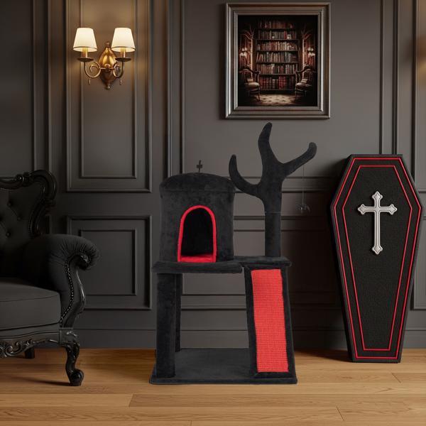 Gothic Cat Tree, Halloween Cat Tower Cat Tree With Spacious Cat Condo, Brach Shaped Scratching Post, Scratching Ladder, Spider Toy For Indoor Cats, Red & Black