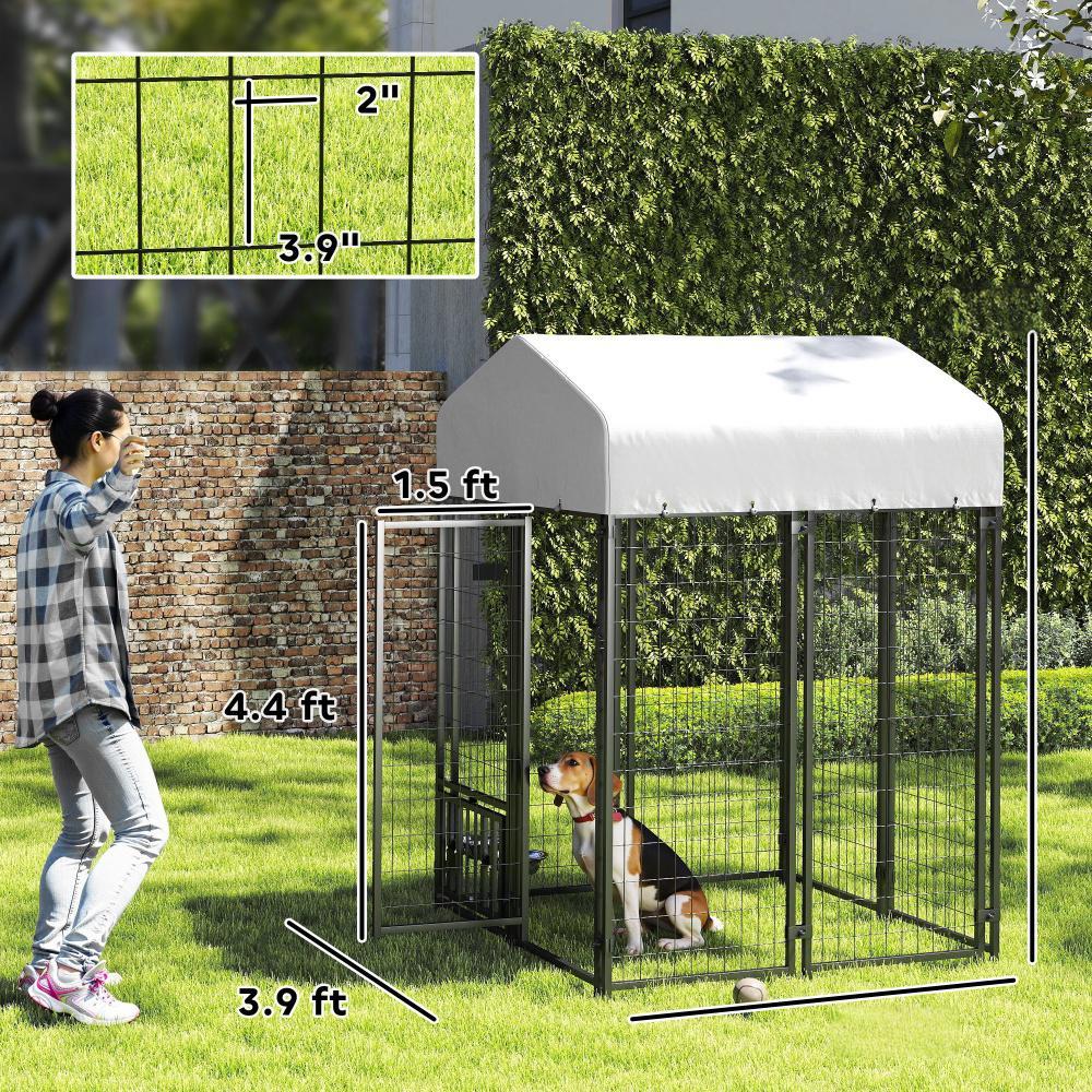Welded Wire Outdoor Dog Kennel With 360 Rotating & 4 Levels Adjustable Bowls, Waterproof Cover, 3.9 X 3.9 X 6