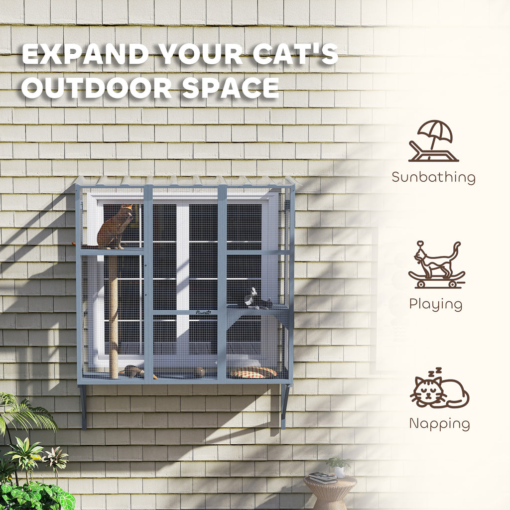 Catio Outdoor, Window Catio For 2-3 Large Indoor Cats W 2 Jumping Platforms, Scratching Post, For Playing, Napping