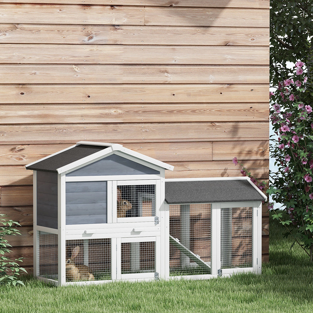 58inch Wooden Rabbit Hutch With Run, Removable Tray, Asphalt Roof, Lockable Doors And Ramp, Gray