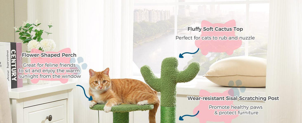 26 Inch Cactus Cat Tree With Bird's Eye View Flower Perch, Soft Cactus Top And Hanging Ball, Compact Vertical Structure For Indoor Cats