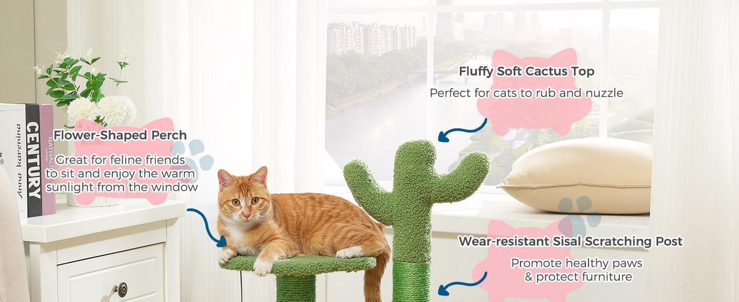 26 Inch Cactus Cat Tree With Bird's Eye View Flower Perch, Soft Cactus Top And Hanging Ball, Compact Vertical Structure For Indoor Cats