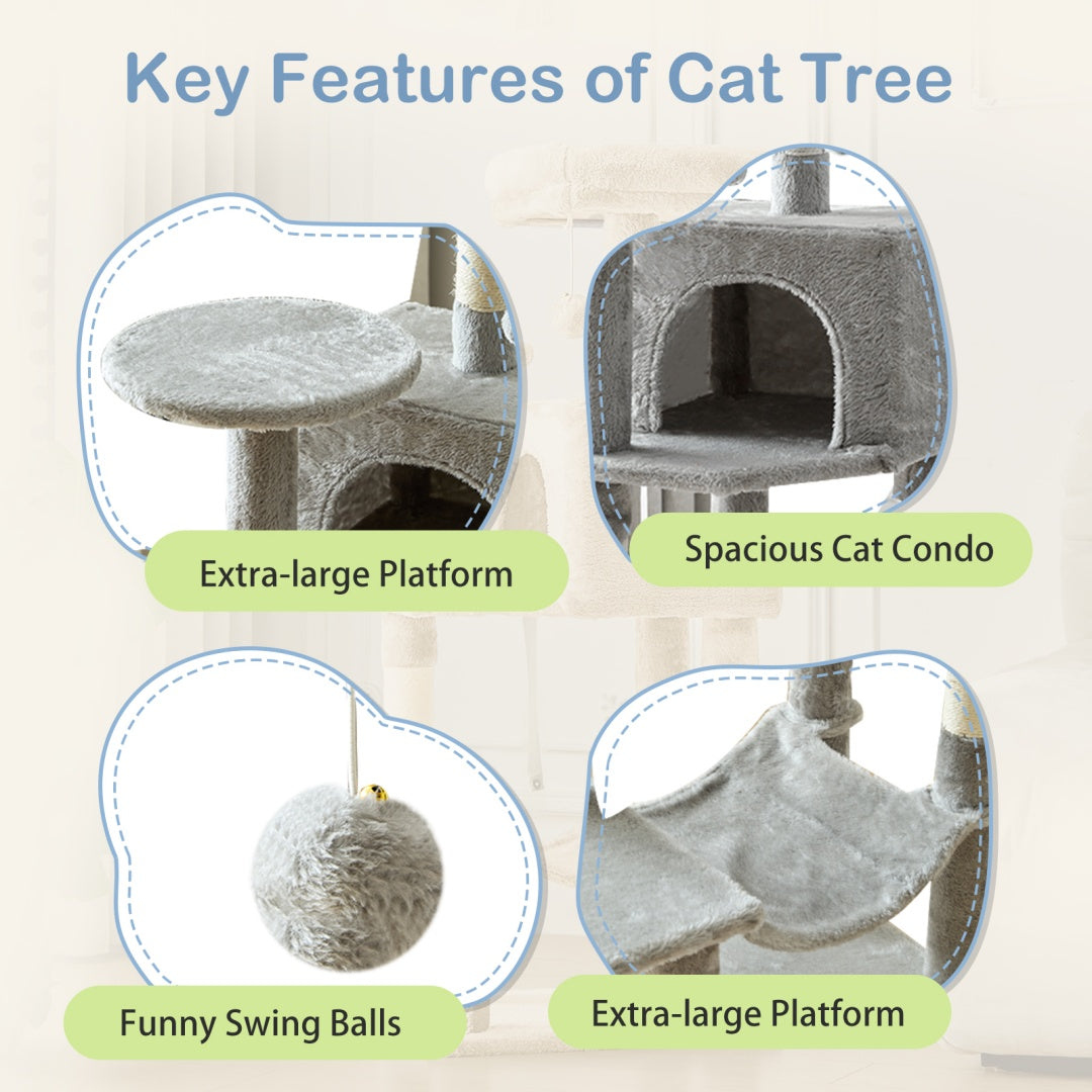 44 Inch Cat Tree Tower, Multi-Cat Climbing Tower With, Natural Sisal Scratching Posts, Extended Platform, Hammock