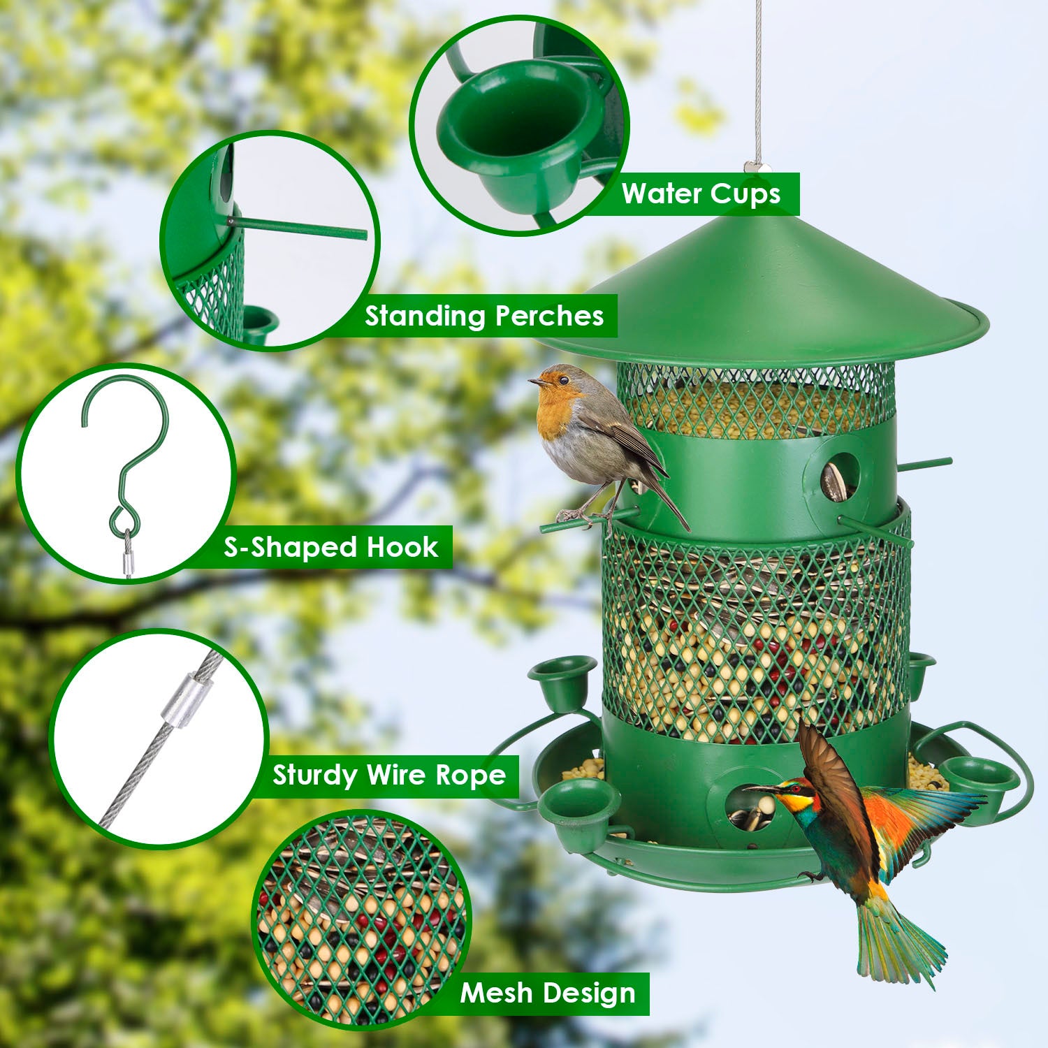 1Pc Wild Bird Feeder Squirrel-Proof Chew-Proof Metal Bird Seed Feeder Outdoor Hanging Bird Feeder With 360 Degree Circular Perches Water Cups For Yard Garden Patio