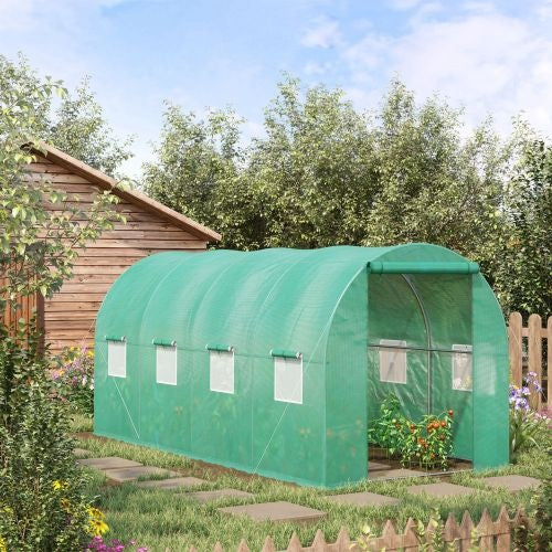 Outsunny 15x 7x 6.5 Walk-in Tunnel Hoop Greenhouse, Green House With Polyethylene PE Cover, Steel Frame, Roll-Up Zipper Door & Windows For Flowers, Vegetables, Tropical Plants, Green