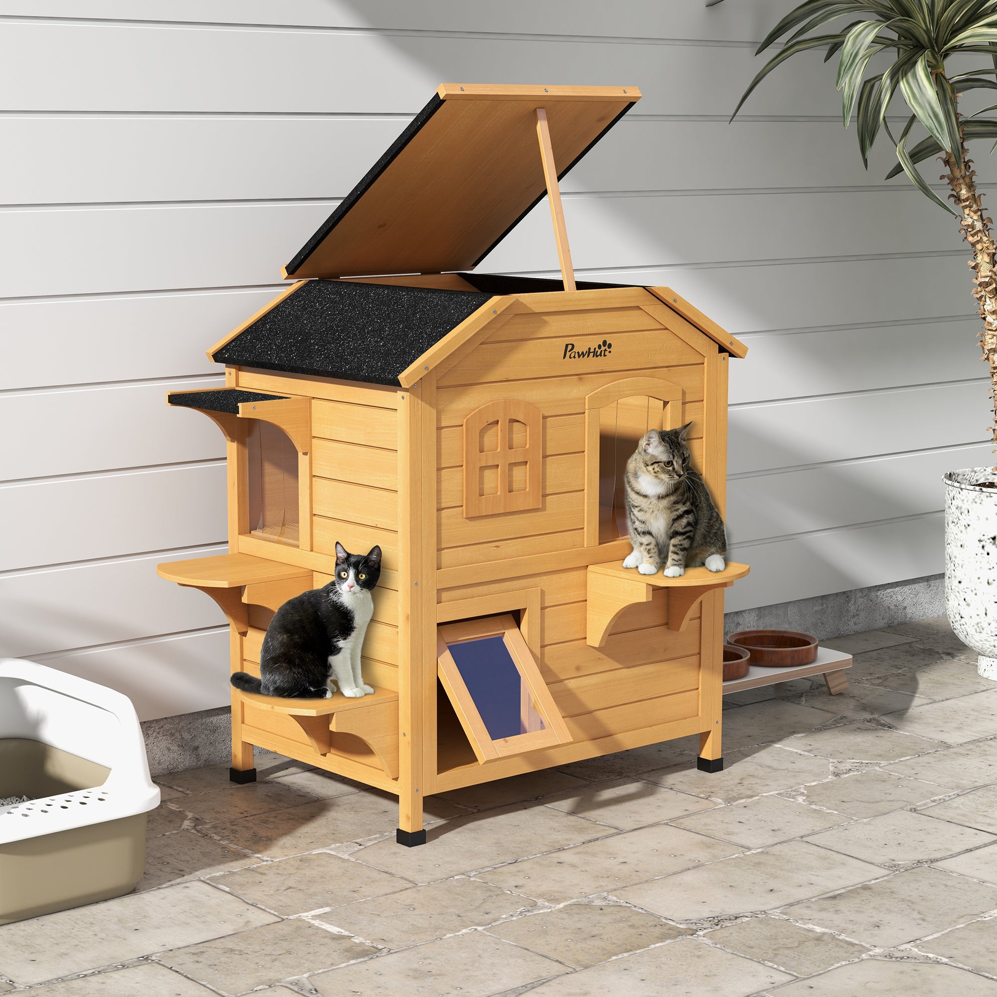 2-Story Wooden Outdoor Cat House Feral Shelter With Escape Door Asphalt Roof 4 Platforms Natural