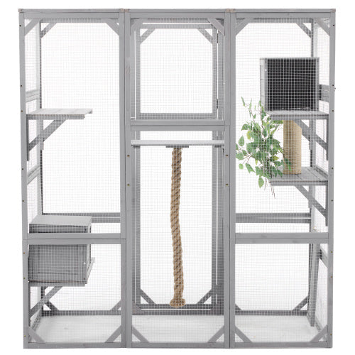 Outdoor Cat House  DIY Cat Enclosure, Cat Catio With Double Enter Doors  62.8 L X 32.2 W X68.5 H Balcony Cat Playpen With Platforms And Two Condos For 1-3 Cats  Light Grey