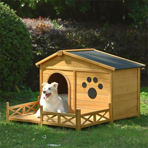 Wooden Dog House Outdoor With Porch, Dog Kennel With Water-Resistant Asphalt Roof And Fencing,Indoor & Outdoor Dog Crate With Paw Print, Medium, Nature