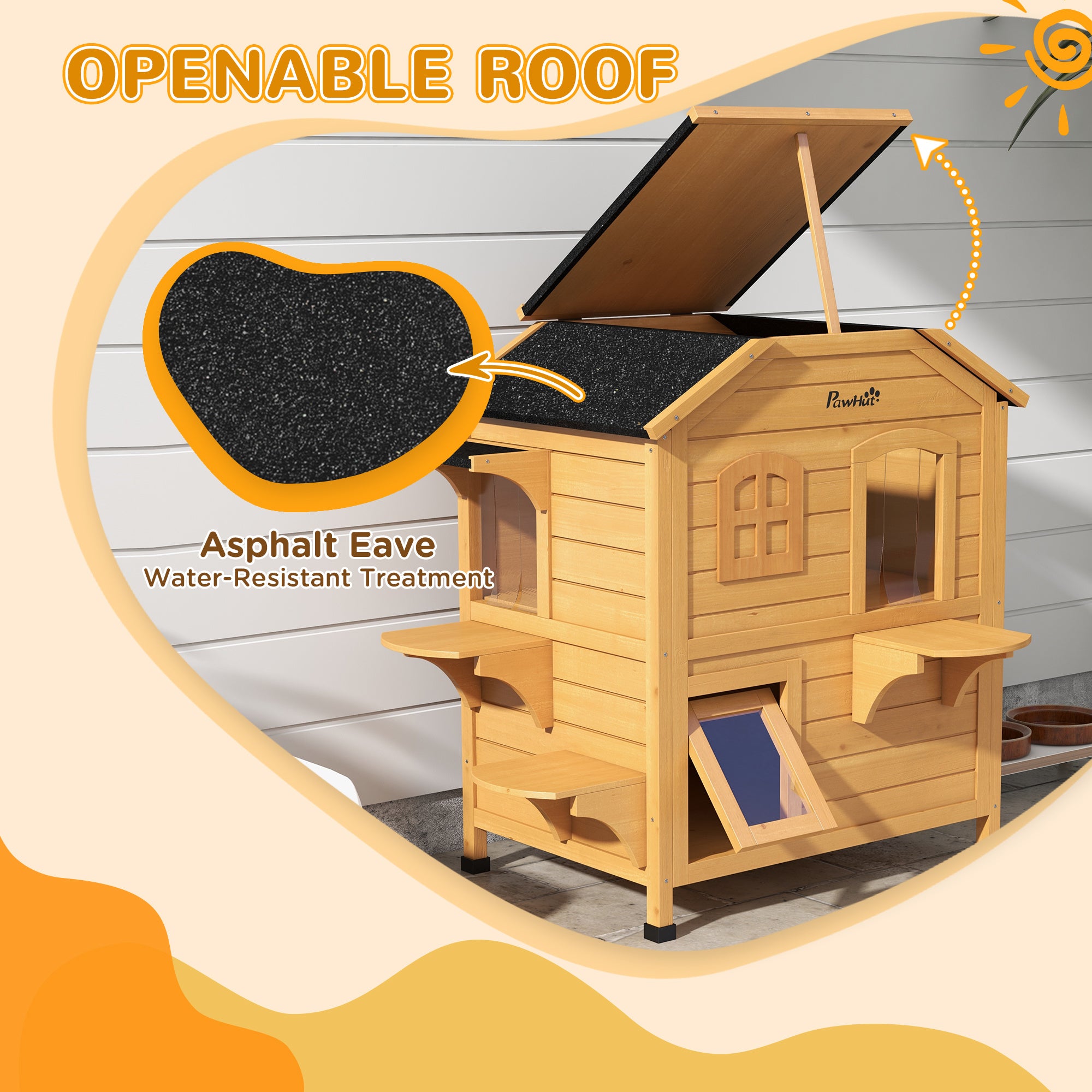 2-Story Wooden Outdoor Cat House Feral Shelter With Escape Door Asphalt Roof 4 Platforms Natural
