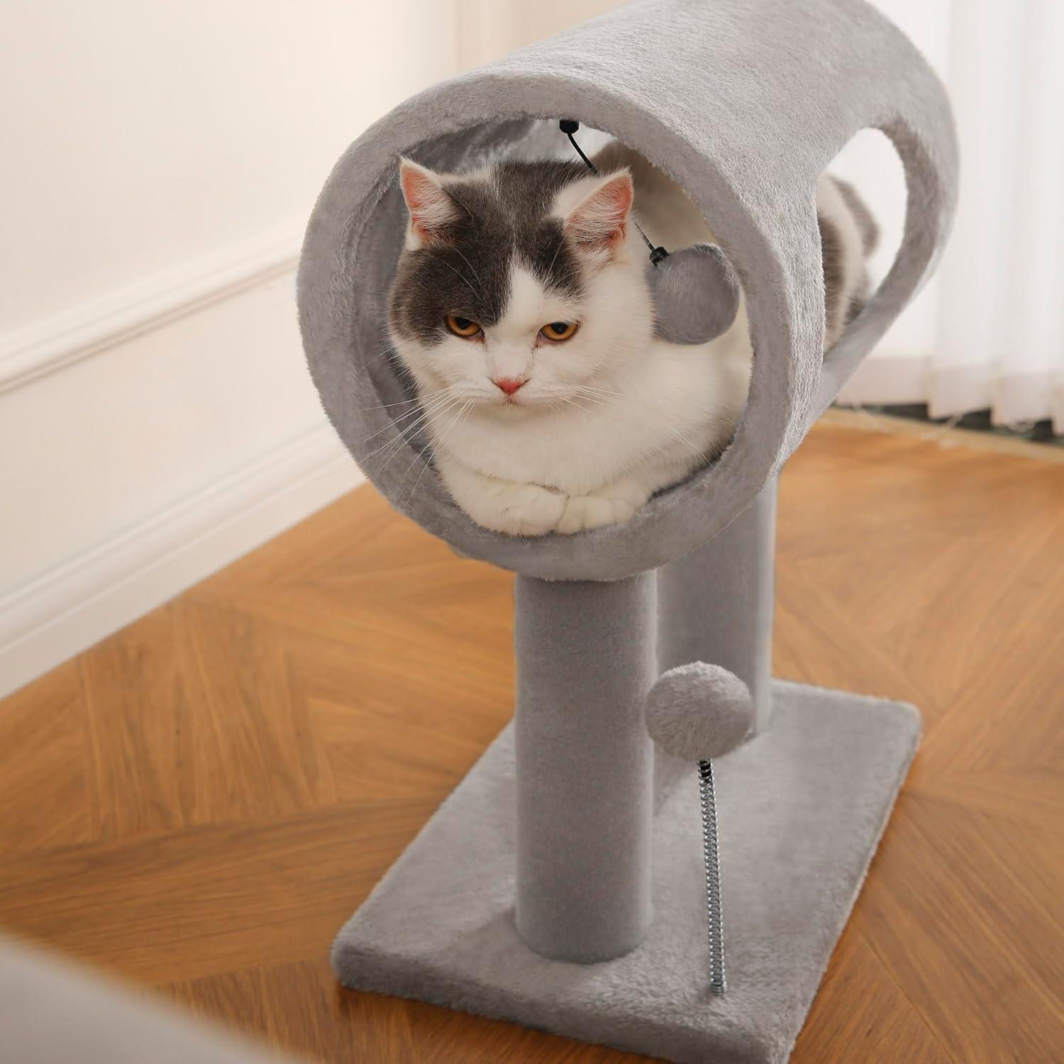 Gray Indoor Cat Tree With Hanging Ball 20.5Cat Tree With Tunnel Bed And Scratching Post Cat Tower