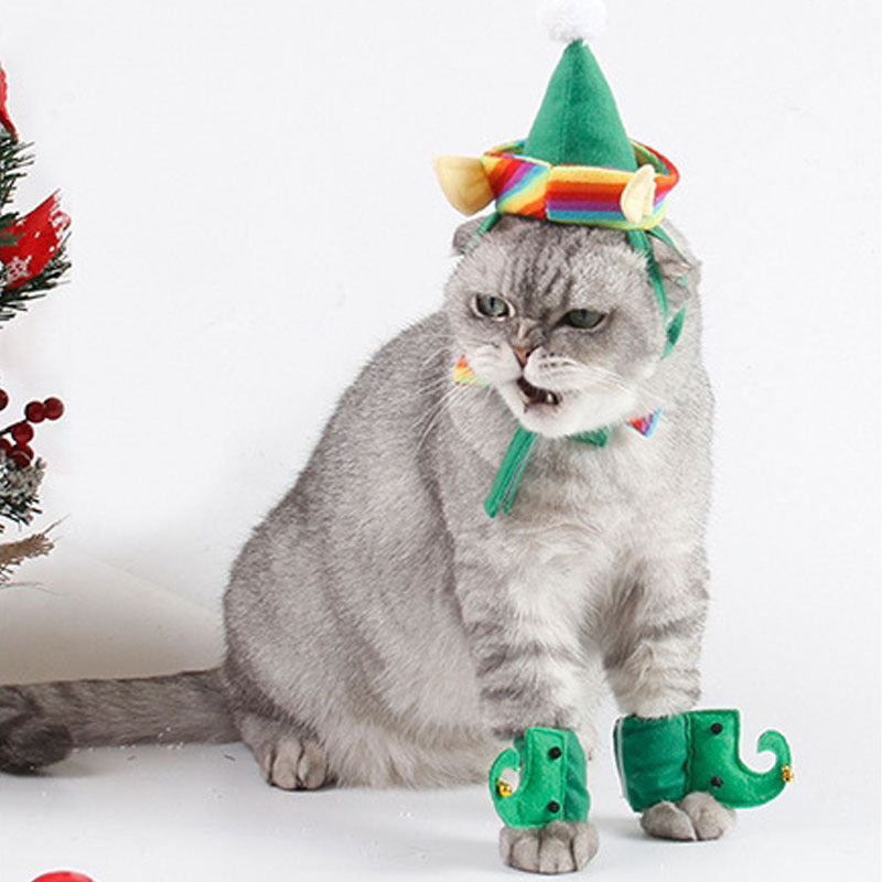 Pet Christmas Hat and 4-piece Green Foot Cover