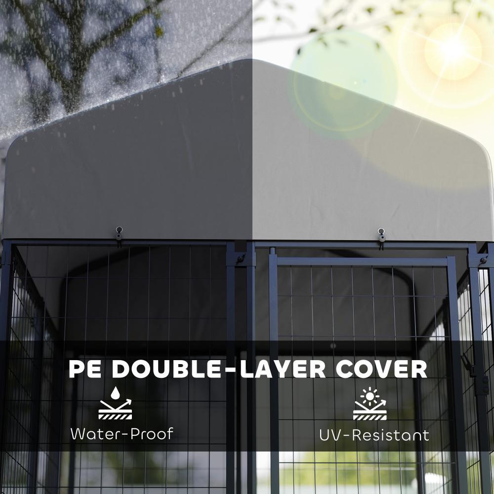 Welded Wire Outdoor Dog Kennel With 360 Rotating & 4 Levels Adjustable Bowls, Waterproof Cover, 3.9 X 3.9 X 6