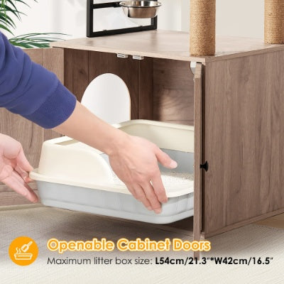 Cat Tree With Litter Box Enclosure - Modern Cat Condo With Scratching Posts, Feeding Bowl  Removable Pompom Sticks, Gray