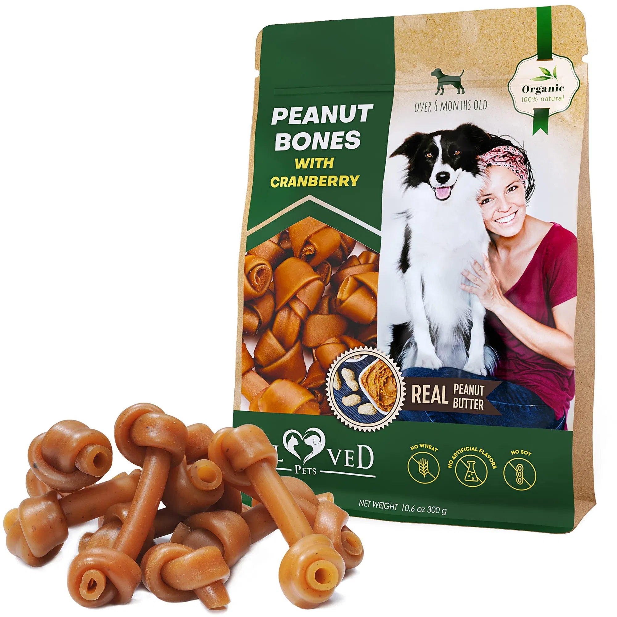 Dog Peanut Butter Bones with Cranberry Rawhide Free Chew Treats, Organic Snacks Healthy Collagen & Bulk Best Chews