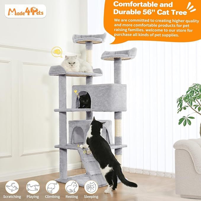 Made 4 Pets 56-inch Pet Cat Tree For Indoor Cats Multi-Level Cat Tree With 2 Apartments Cat Activity Centre With Scratching Posts And Toys Light Gray