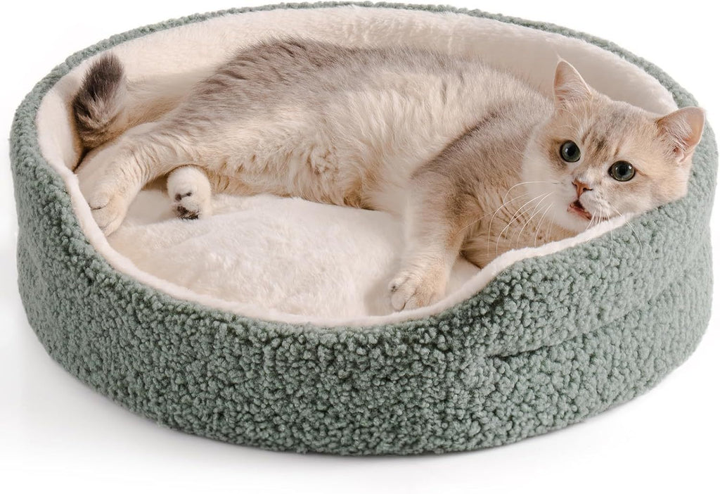 Washable Pet Bed For Cats & Small Dogs - 23x23x7 Inch Round Orthopaedic Bed With Non-Slip Bottom, Plush Indoor Cat Bed For Kittens & Puppies, Sage Green