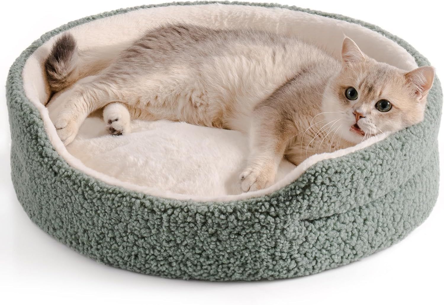 Washable Pet Bed For Cats & Small Dogs - 23x23x7 Inch Round Orthopaedic Bed With Non-Slip Bottom, Plush Indoor Cat Bed For Kittens & Puppies, Sage Green