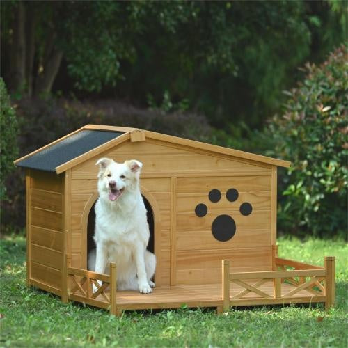 Wooden Dog House Outdoor With Porch, Dog Kennel With Water-Resistant Asphalt Roof And Fencing,Indoor & Outdoor Dog Crate With Paw Print, Medium, Nature