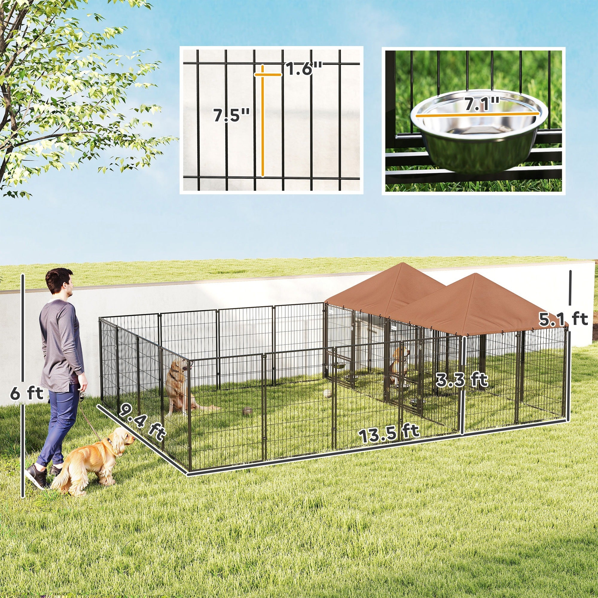 Large Outdoor Dog Kennel With 2 Rooms, Rotating & Adjustable Height Bowls, 13.5 X 9.4 X 5.1