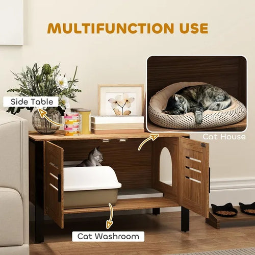 Cat Litter Box Enclosure with Tall Legs, Scratching Board, Dark Brown