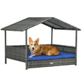PawHut Wicker Rattan Dog House with Canopy and Water-resistant Cushion