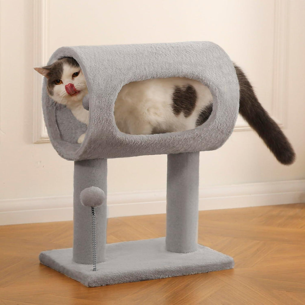Gray Indoor Cat Tree With Hanging Ball 20.5Cat Tree With Tunnel Bed And Scratching Post Cat Tower