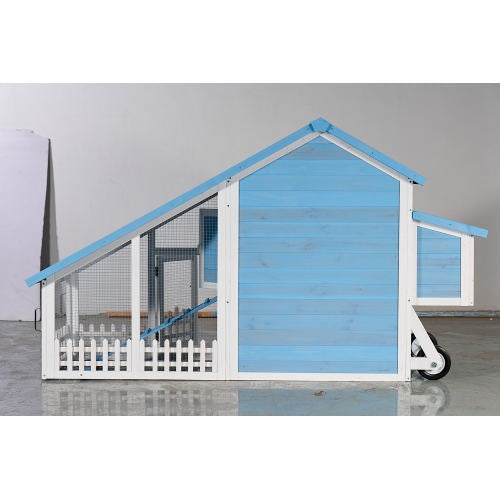 76 Wooden Rabbit Hutch Bunny Cage With Waterproof Asphalt Roof, Fun Outdoor Run, Removable Tray And Ramp, Light Blue