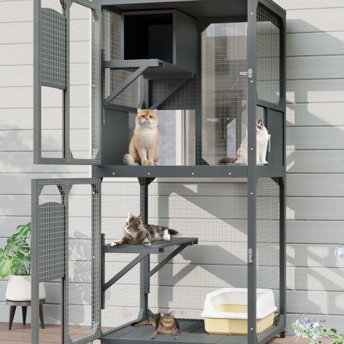 Catio Outdoor Cat Enclosure Window Access, 4 Tiers Cat House With Wheels, Resting Box & Waterproof Roof, Indoor Large Cat House Cage, Gray