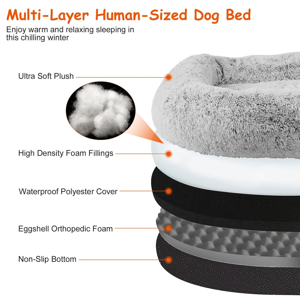 1Pc Large Foldable Human Size Dog Bed With Pillow Blanket Flurry Plush Napping Human-Sized Dog Bed Machine Washable Zipped Removable Cover For Pets Kids Adults Grey 71x45x10in