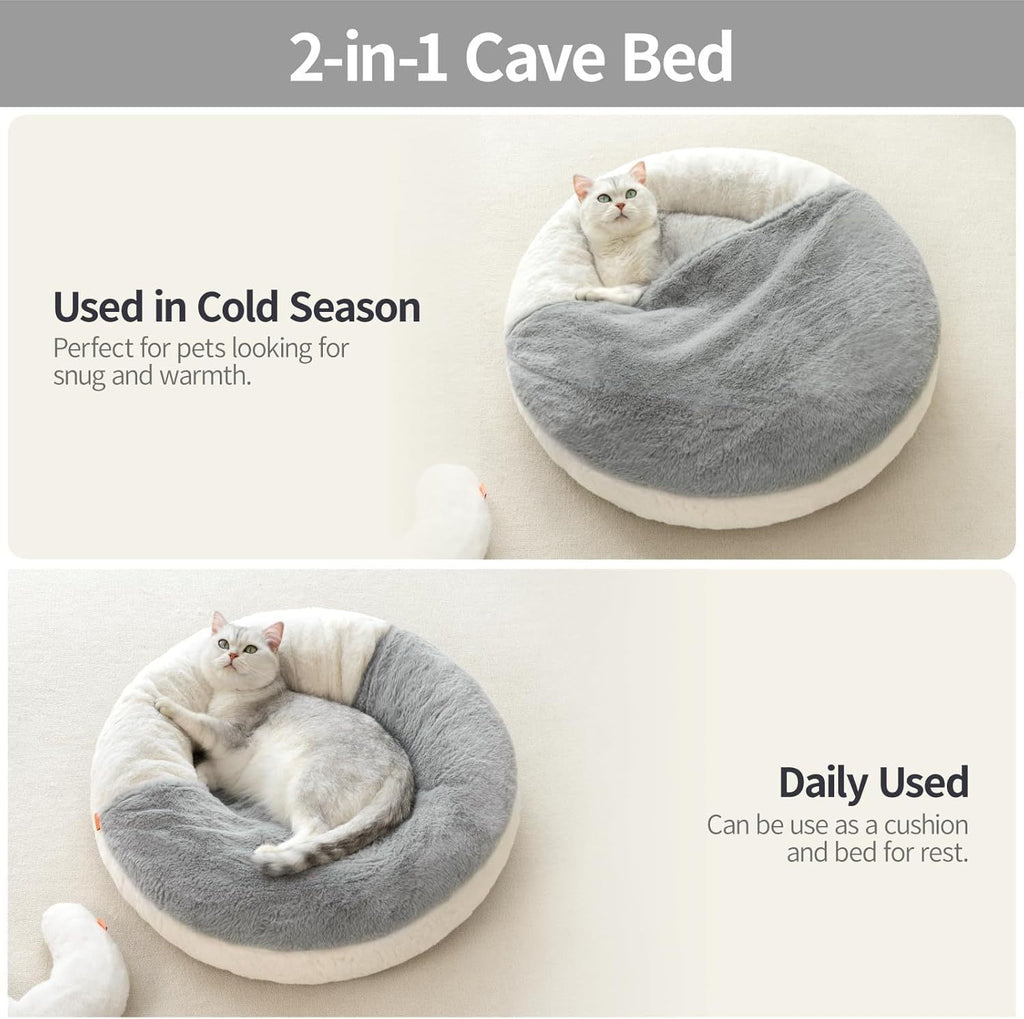 Enclosed Cat Bed Cave - Washable Pet Bed With Blanket & Non-Slip Base For Cats & Small Dogs 22'' X 22'', White