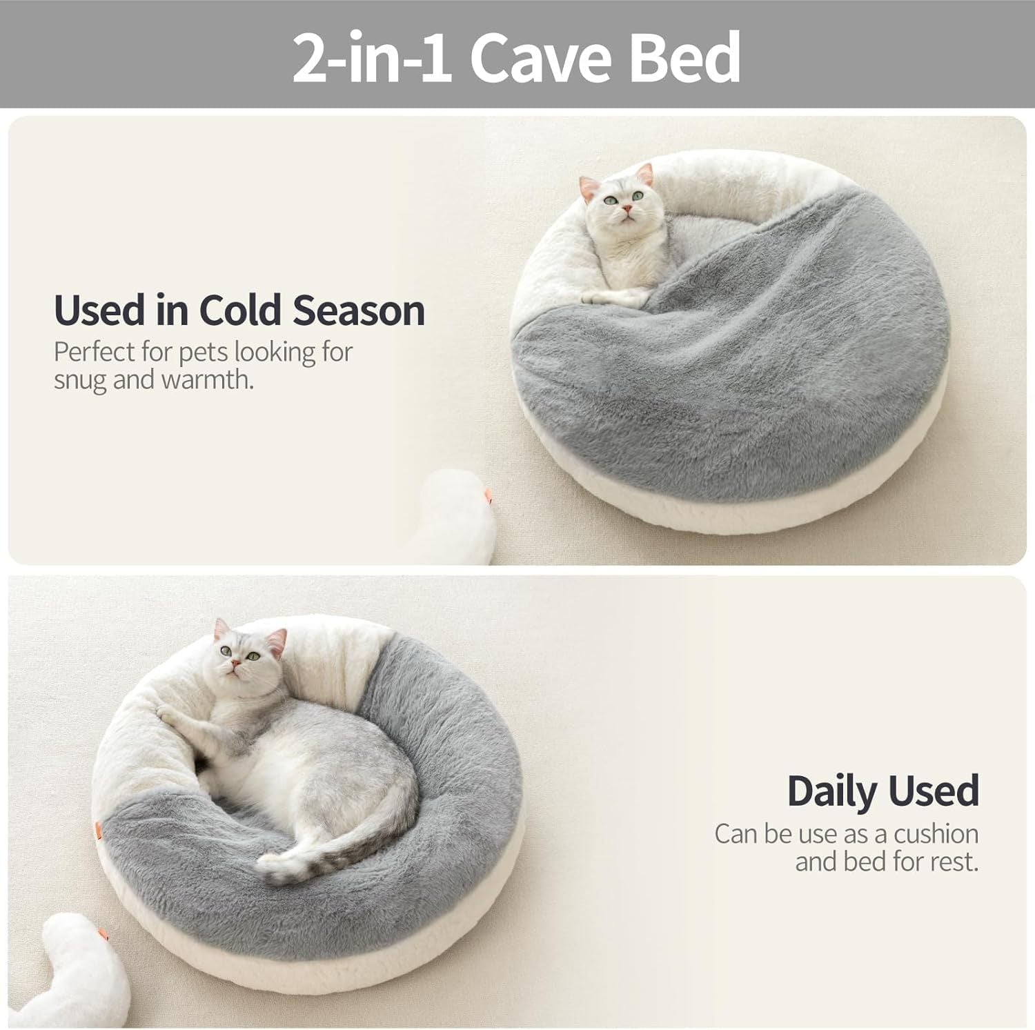 Enclosed Cat Bed Cave - Washable Pet Bed With Blanket & Non-Slip Base For Cats & Small Dogs 22'' X 22'', White