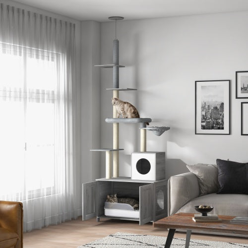 PawHut Cat Tree With Litter Box Enclosure, 2 In 1 Floor To Ceiling Cat Tower Litter Box Furniture With Condo, Bed, Hammock, Scratching Posts, And Platforms For Indoor Use, Gray