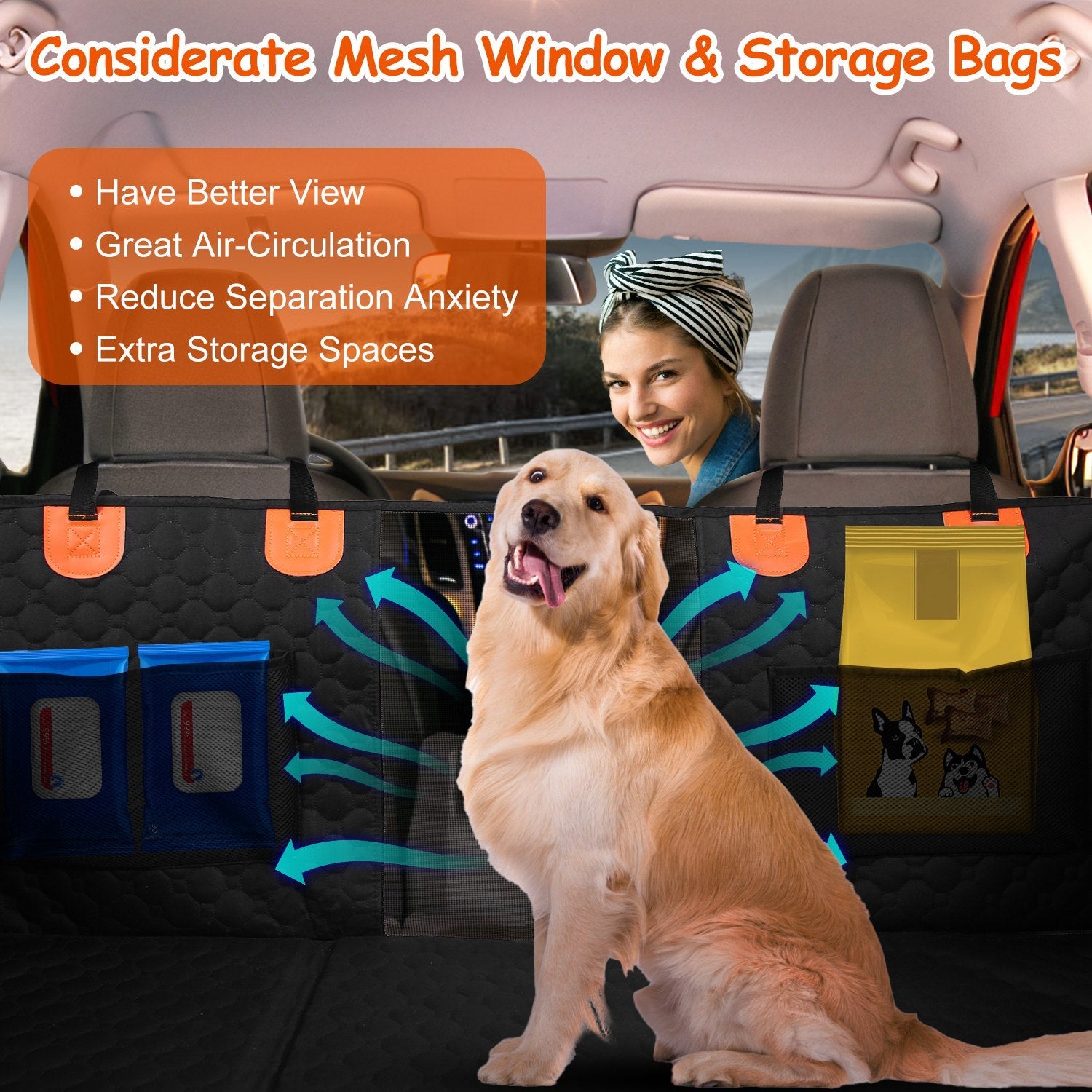 Dog Car Back Seat Cover With Zipper Mesh Window Storage Bags Waterproof 600D Oxford Cloth Car Seat Protector With Slide Flaps For Cars Trucks SUVs