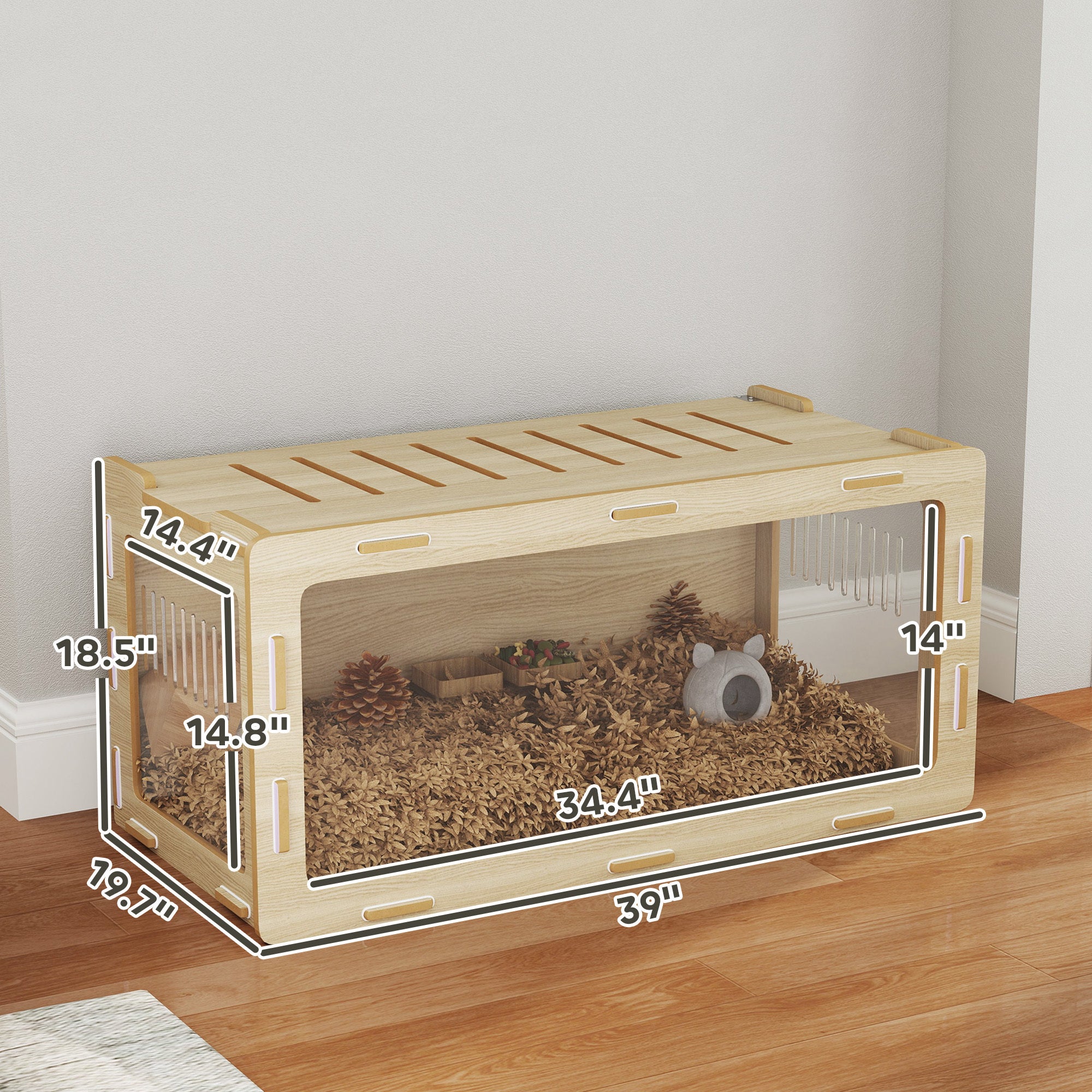 Hamster Cage With Easy View Acrylic Panels, Air Vents & Openable Roof, For Gerbil, Guinea Pig, 39 X 20 X 18.5, Oak