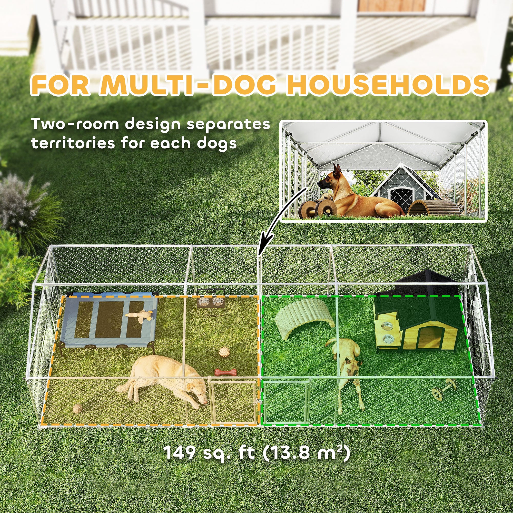 Two Room Outdoor Dog Kennel, Dog Run With Roof, Waterproof UV-Resistant Cover, Secure Lock, 19.7 X 7.5 X 5.2