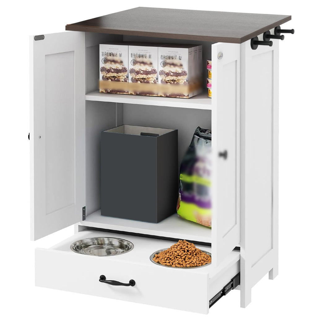 Dog Feeding Station, Dog Food Storage Cabinet With Hidden Dog Bowls, Adjustable Panel, Hooks, For Medium Sized Dogs, White