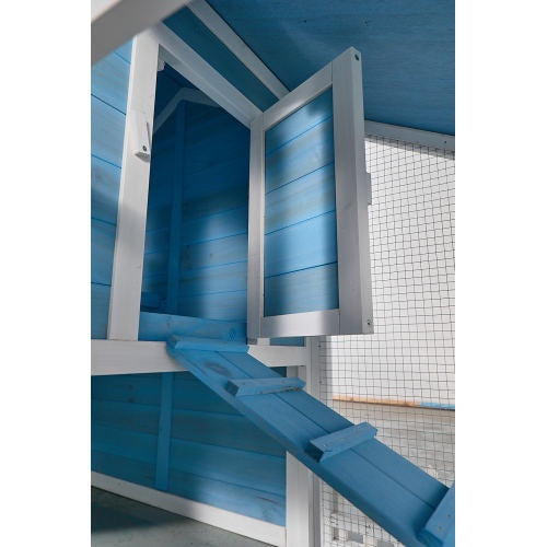76 Wooden Rabbit Hutch Bunny Cage With Waterproof Asphalt Roof, Fun Outdoor Run, Removable Tray And Ramp, Light Blue