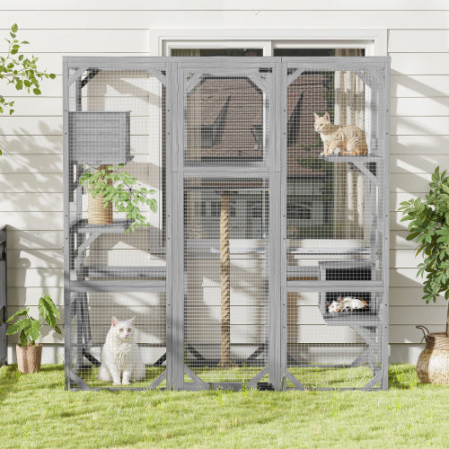 Outdoor Cat House  DIY Cat Enclosure, Cat Catio With Double Enter Doors  62.8 L X 32.2 W X68.5 H Balcony Cat Playpen With Platforms And Two Condos For 1-3 Cats  Light Grey