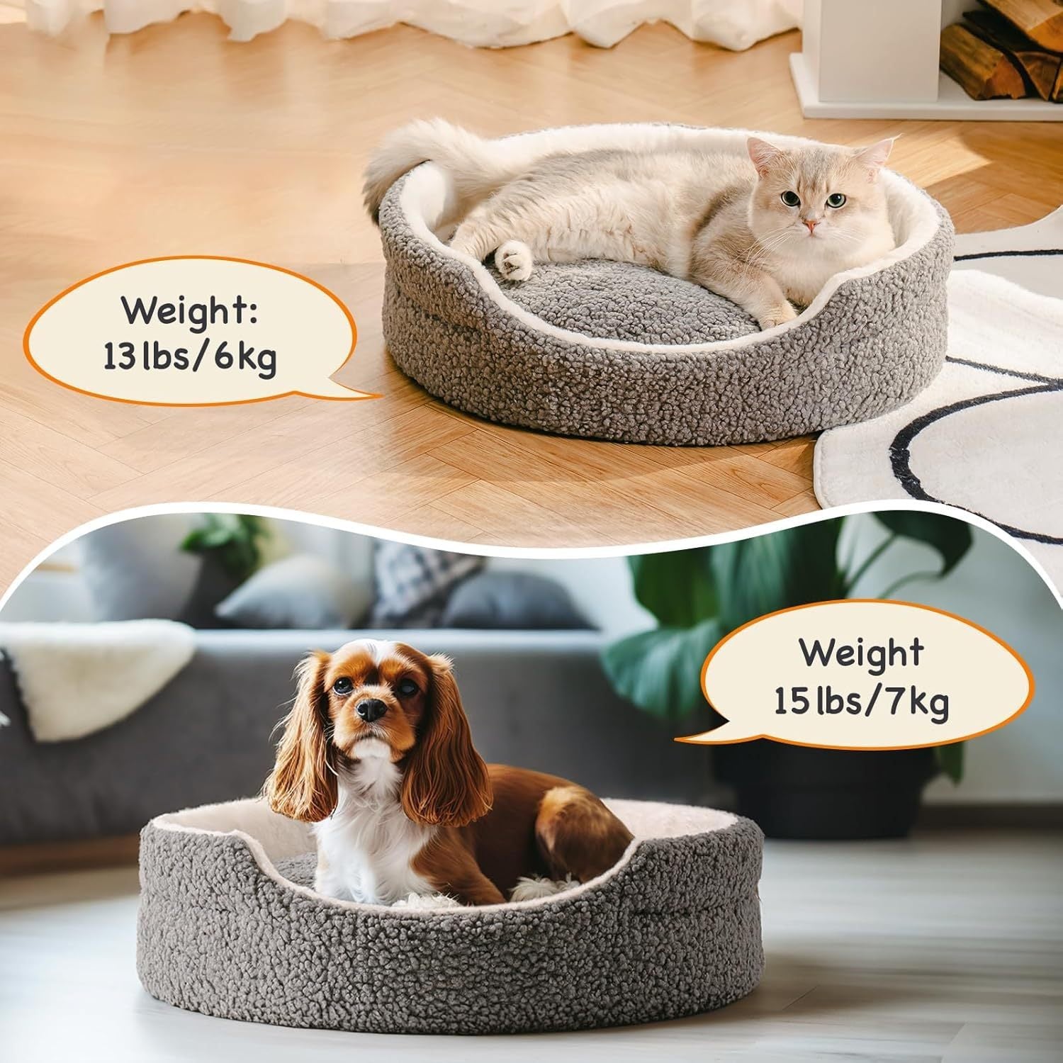 Washable Pet Bed For Small Dogs & Cats - 23x23x7 Inch Orthopaedic Dog Bed With Non-Slip Bottom, Plush Round Bed For Puppies & Indoor Kittens, Grey