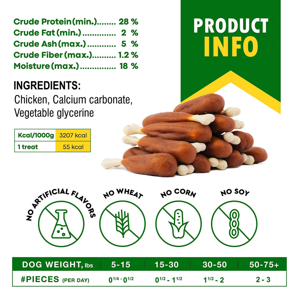 Dog Calcium Bones Wrapped Chicken & Rawhide Free Chew Treats, Grain Free Organic Meat Chews
