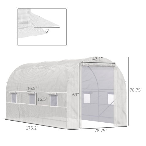 Outsunny 15 X 7 X 7 Walk-In Tunnel Greenhouse, Large Garden Hot House Kit With 6 Roll-up Windows & Roll Up Door, Steel Frame, White