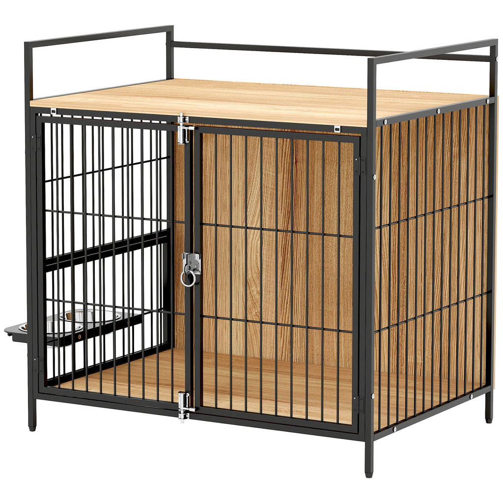 30 Inch Dog Crate Furniture, Indoor Pet Kennel Side Table With Rotatable Bowls, 2 Anti-Escape Doors, For M Dogs, Oak