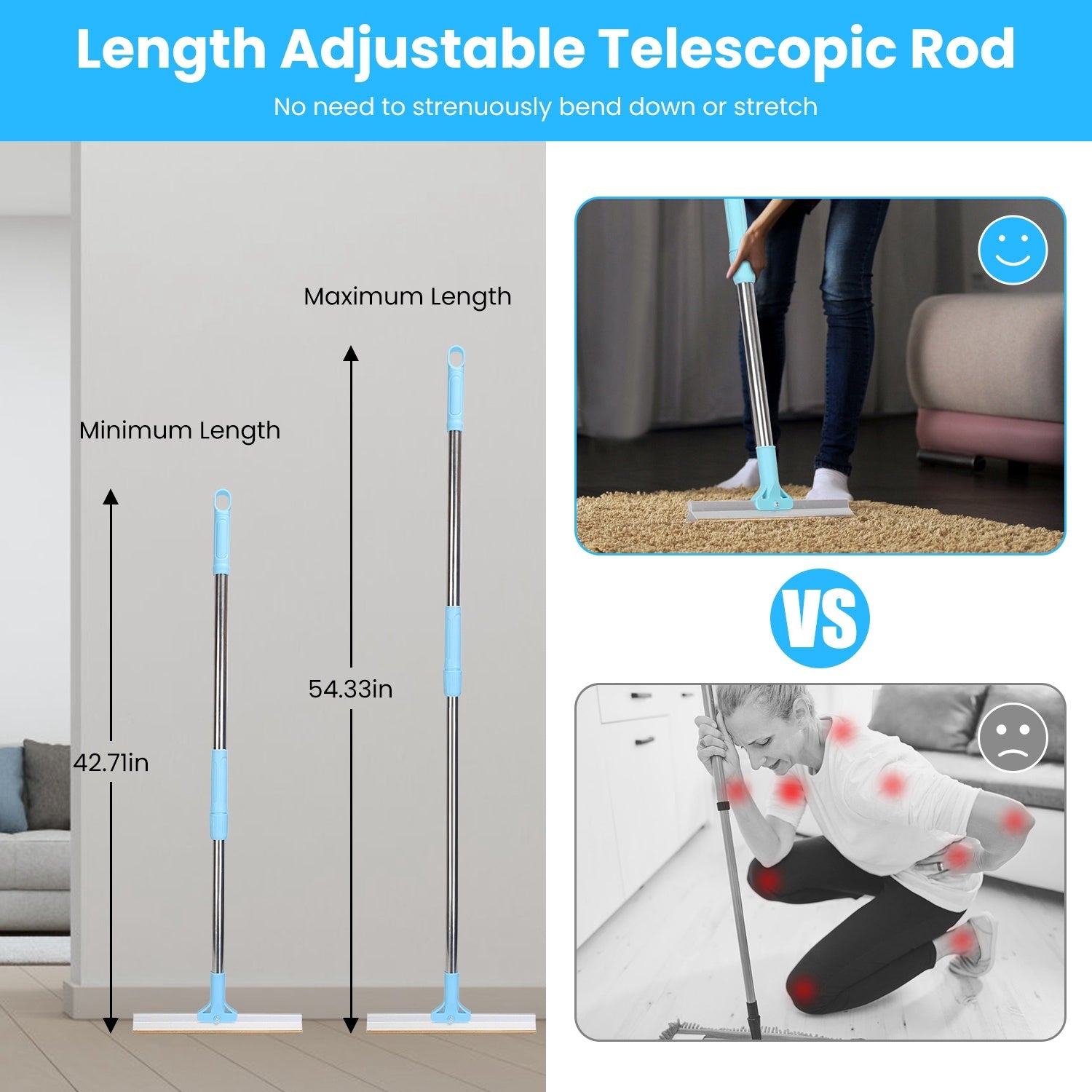 1Pc Pet Hair Removal Rake With 54.33in Adjustable Telescopic Rod Multi-Fabric Dog Cat Hair Scraper Lint Shaver For Carpet Rug Clothes Couch