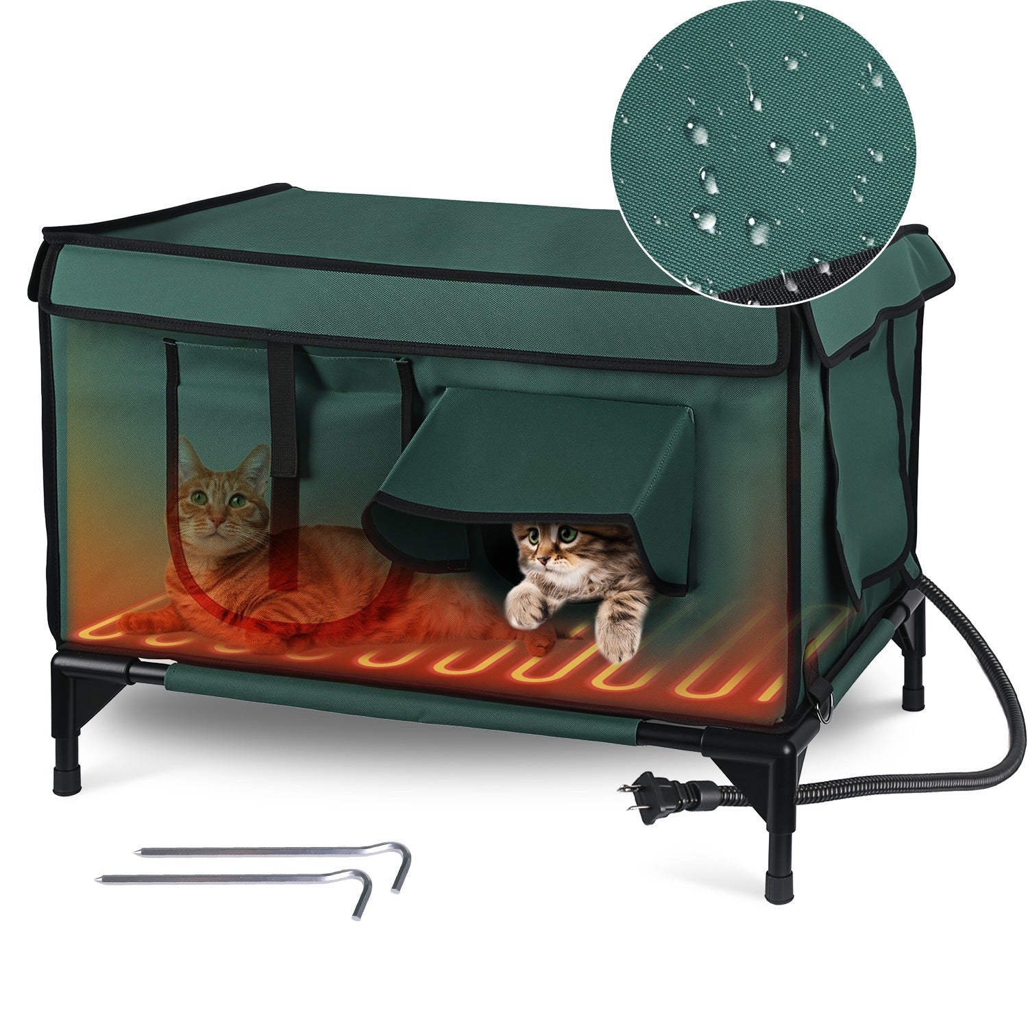 1Pc Waterproof Heated Cat House Outdoor Weatherproof Insulated Kitty Shelter Feral Cat Heating Bed With Heating Pad Anti-Chew Cord 2 Doors 3 Windows For Indoors Outdoors Winter Summer